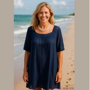 Sandro sheer blue linen knit blend dress Open Knit short sleeve Sz2 is US 4/6